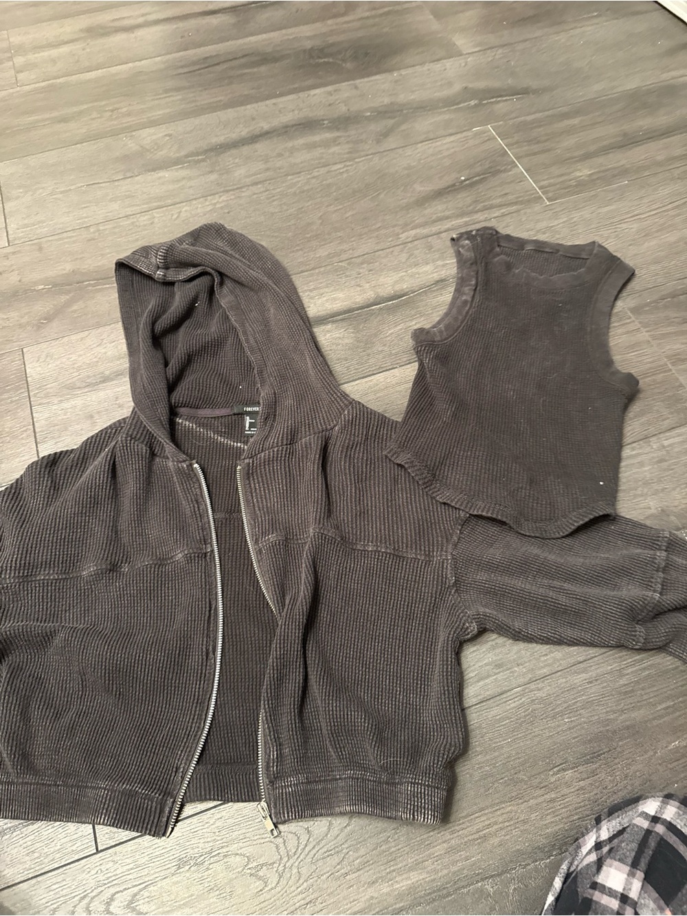 Dark Gray Ribbed Zip Hoodie with Matching Cropped Tank